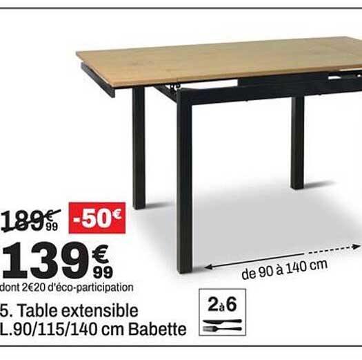 Table extensible L.90/115/140 cm Babette