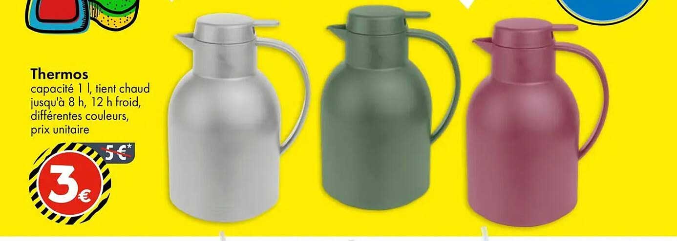 Thermos capacité 1 l, tient chaud jusqu'à 8 h, 12 h froid, différentes couleurs, prix unitaire