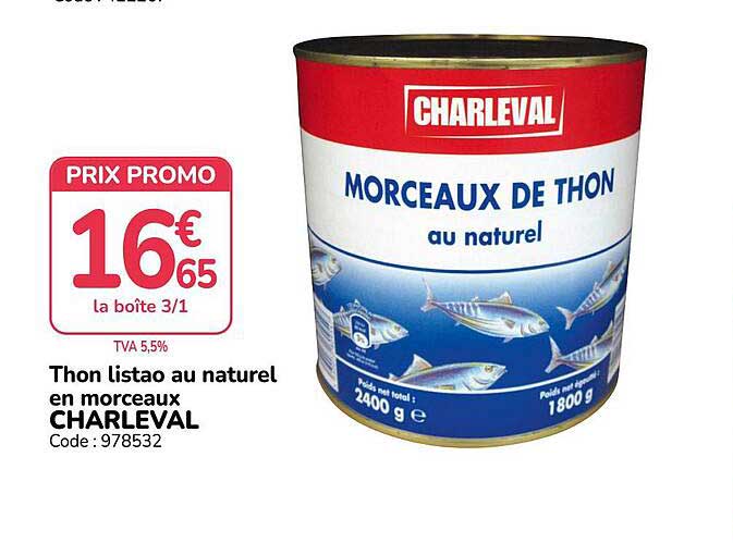 Thon listao au naturel en morceaux CHARLEVAL