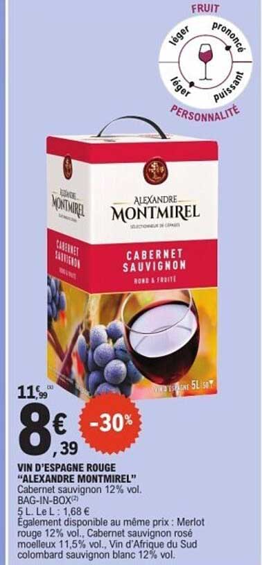 VIN D'ESPAGNE ROUGE «ALEXANDRE MONTMIREL» Cabernet sauvignon 12% vol. BAG-IN-BOX 5 L