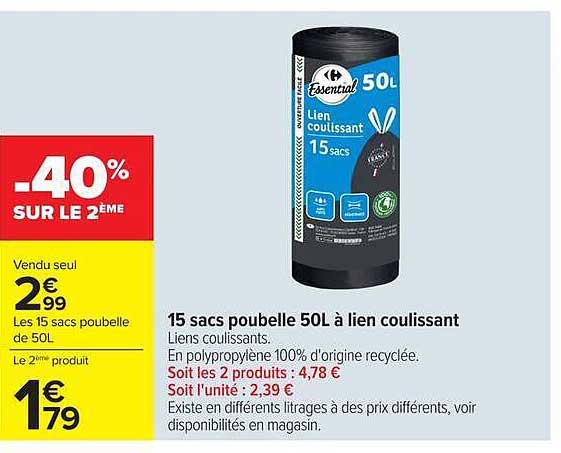 15 sacs poubelle 50L à lien coulissant