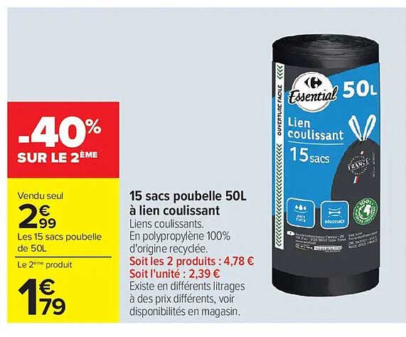 15 sacs poubelle 50L à lien coulissant