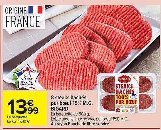 8 steaks hachés pur boeuf 15% M.G. BIGARD