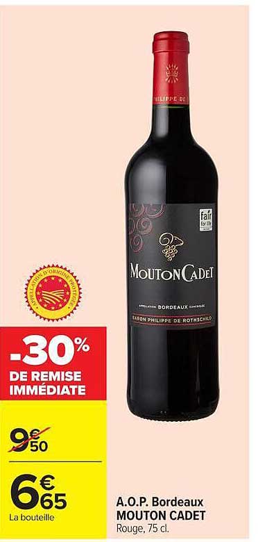 A.O.P. Bordeaux MOUTON CADET Rouge, 75 cl.