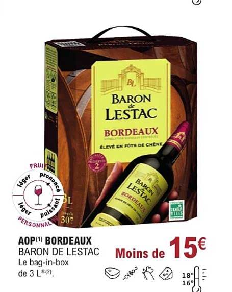 AOP(1) BORDEAUX BARON DE LESTAC Le bag-in-box de 3 L