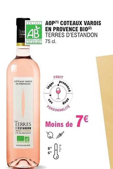 AOP(1) COTEAUX VAROIS EN PROVENCE BIO(2) TERRES D’ESTANDON 75 cl.
