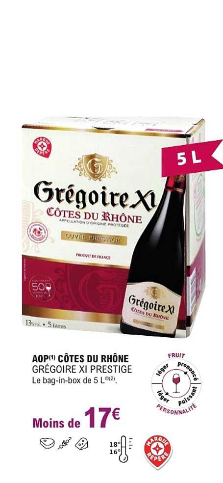 AOP(1) CÔTES DU RHÔNE GRÉGOIRE XI PRESTIGE Le bag-in-box de 5 L [*2].