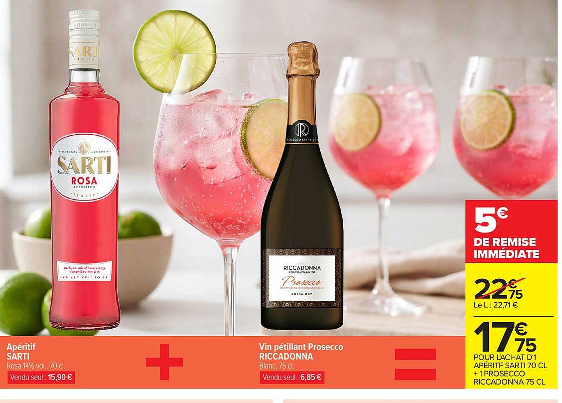 Apéritif SARTI Rosa 14% vol., 70 cl + Vin pétillant Prosecco RICCADONNA Blanc, 75 cl
