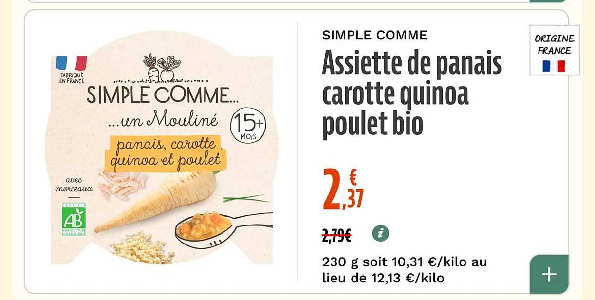 Assiette de panais carotte quinoa poulet bio
