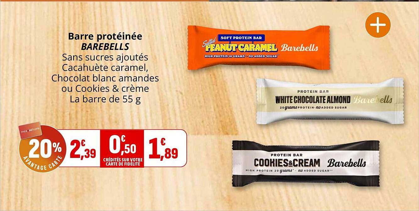 Barre protéinée BAREBELLS Sans sucres ajoutés Cacahuète caramel, Chocolat blanc amandes ou Cookies & crème La barre de 55 g