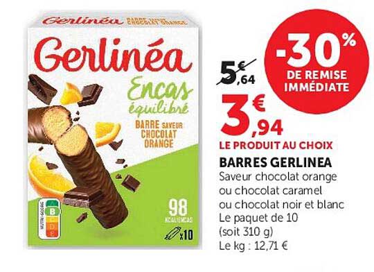 BARRES GERLINEA Saveur chocolat orange ou chocolat caramel ou chocolat noir et blanc Le paquet de 10 (soit 310 g)