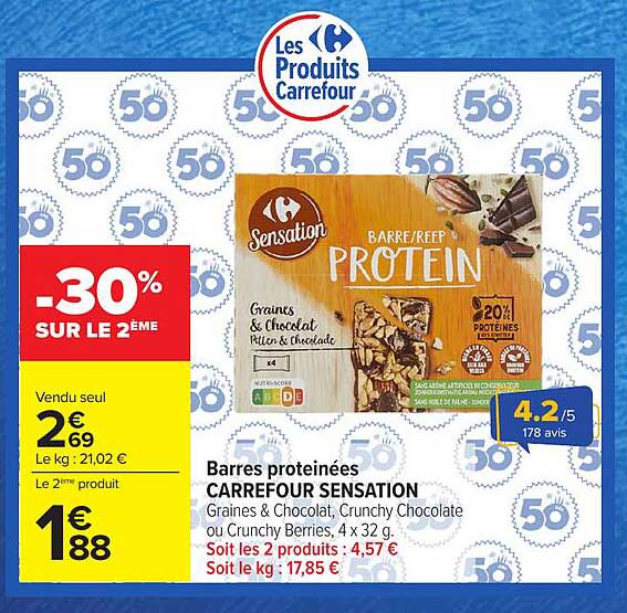 Barres protéinées CARREFOUR SENSATION Graines & Chocolat, Crunchy Chocolate ou Crunchy Berries, 4 x 32 g