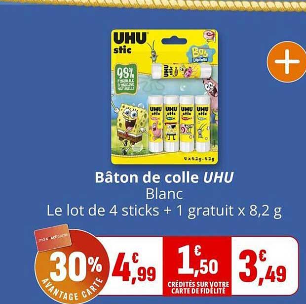 Bâton de colle UHU Blanc Le lot de 4 sticks + 1 gratuit x 8,2 g