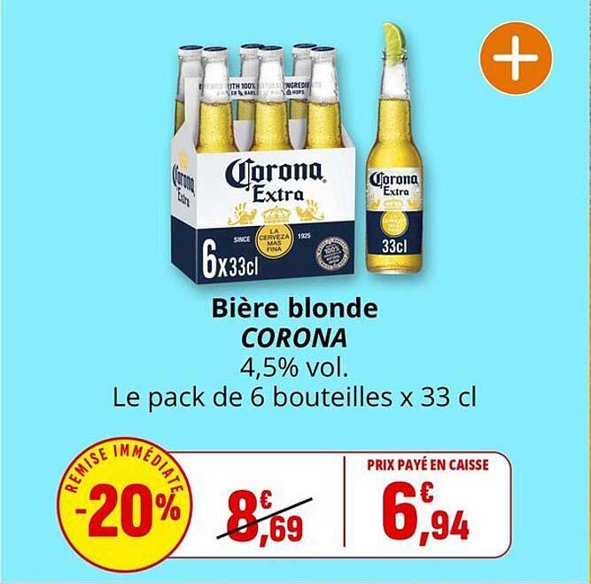 Bière blonde CORONA 4,5% vol. Le pack de 6 bouteilles x 33 cl