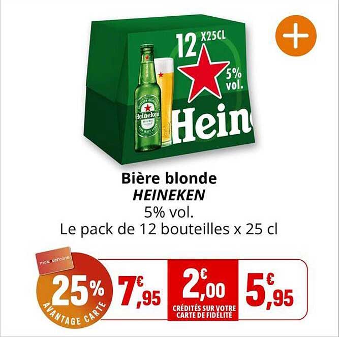 Bière blonde HEINEKEN 5% vol. Le pack de 12 bouteilles x 25 cl