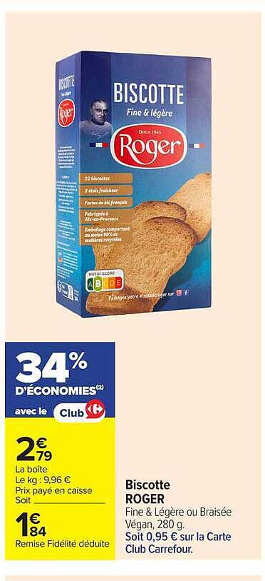 Biscotte ROGER Fine & Légère ou Braisée Vegan, 280 g