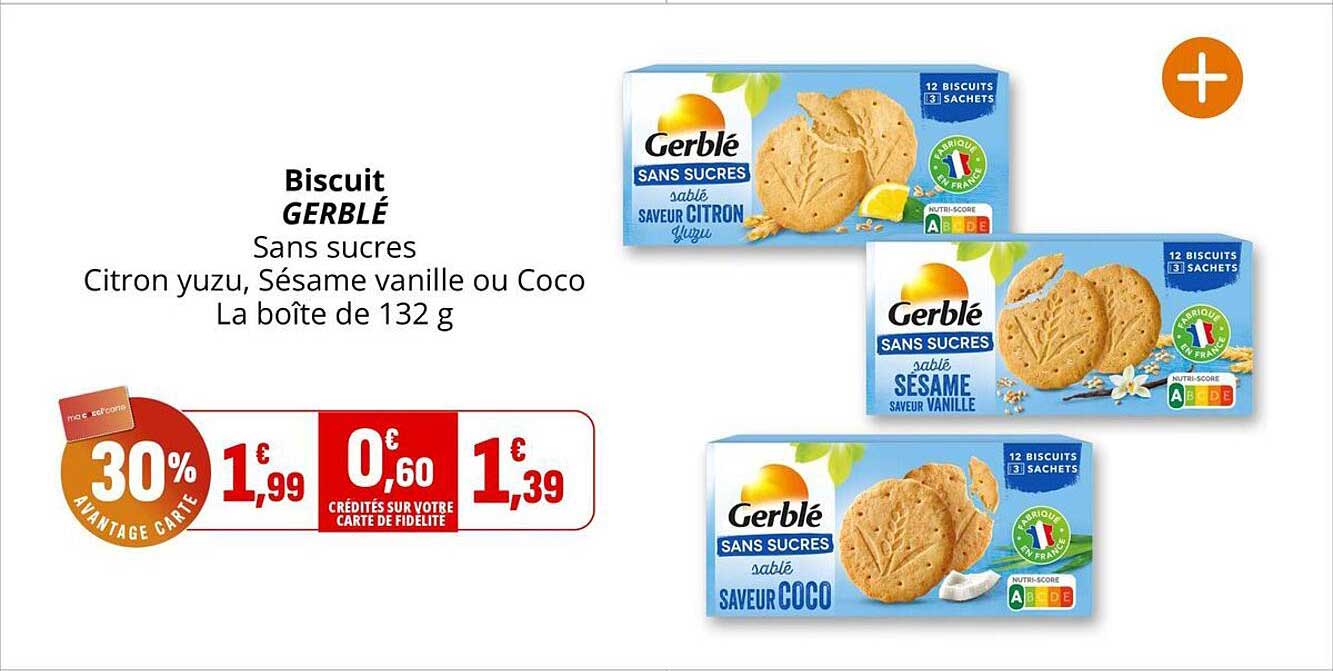 Biscuit GERBLÉ Sans sucres Citron yuzu, Sésame vanille ou Coco La boîte de 132 g