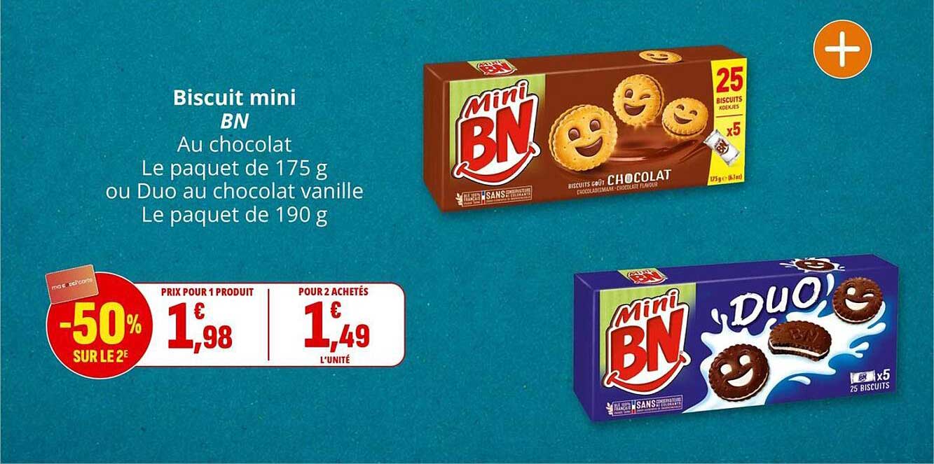 Biscuit mini BN Au chocolat Le paquet de 175 g ou Duo au chocolat vanille Le paquet de 190 g
