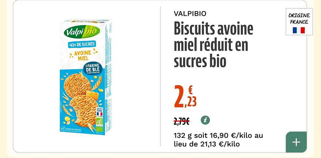 Biscuits avoine miel réduit en sucres bio