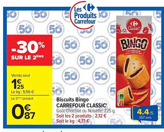 Biscuits Bingo CARREFOUR CLASSIC' Goût Chocolat ou Noisette, 225 g