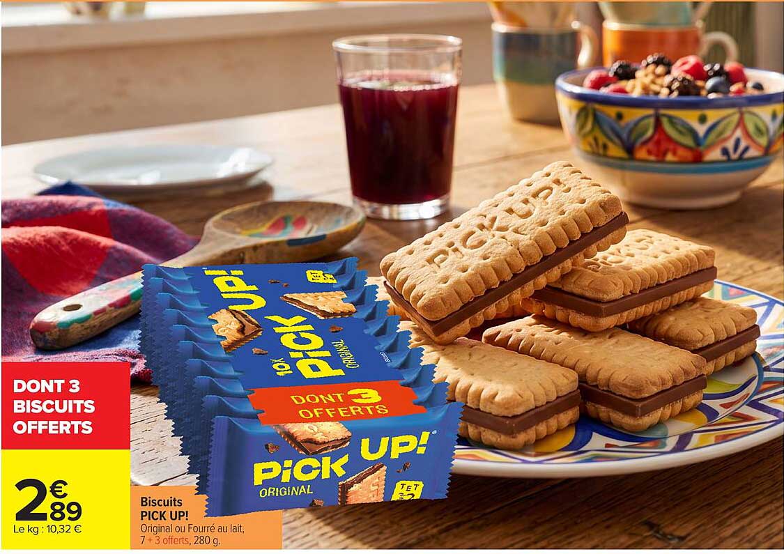 Biscuits PICK UP! Original ou Fourré au lait, 7 + 3 offerts, 280 g.