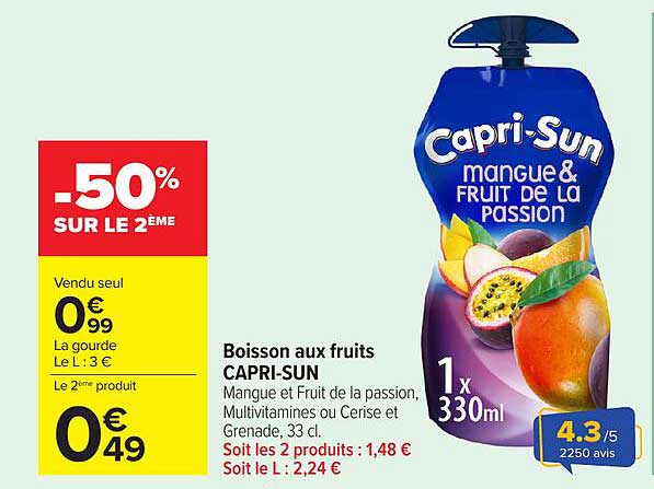 Boisson aux fruits CAPRI-SUN Mangue et Fruit de la passion, Multivitamines ou Cerise et Grenade, 33 cl.