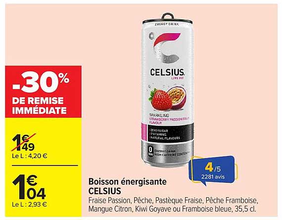 Boisson énergisante CELSIUS Fraise Passion, Pêche, Pastèque Fraise, Pêche Framboise, Mangue Citron, Kiwi Goyave ou Framboise bleue, 35,5 cl.