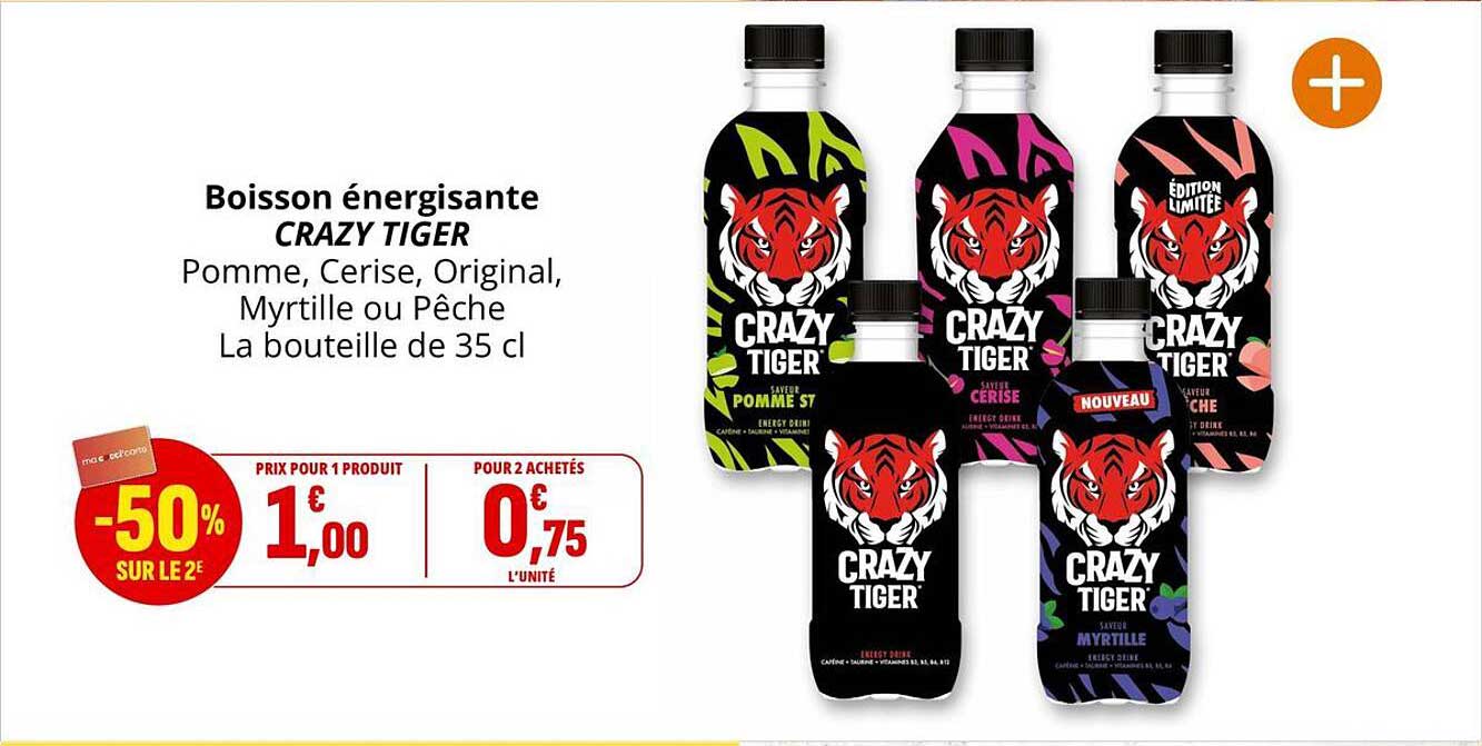 Boisson énergisante CRAZY TIGER Pomme, Cerise, Original, Myrtille ou Pêche La bouteille de 35 cl