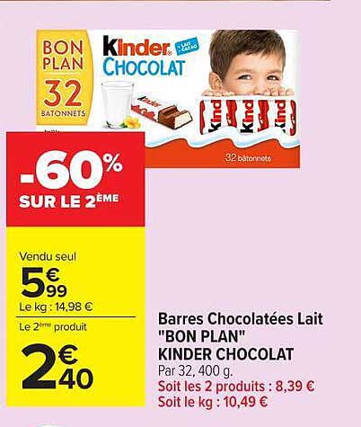 BON PLAN 32 BATONNETS Kinder CHOCOLAT