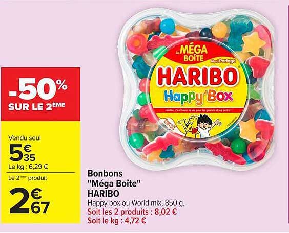 Bonbons "MÉGA BOÎTE" HARIBO Happy box ou World mix, 850 g