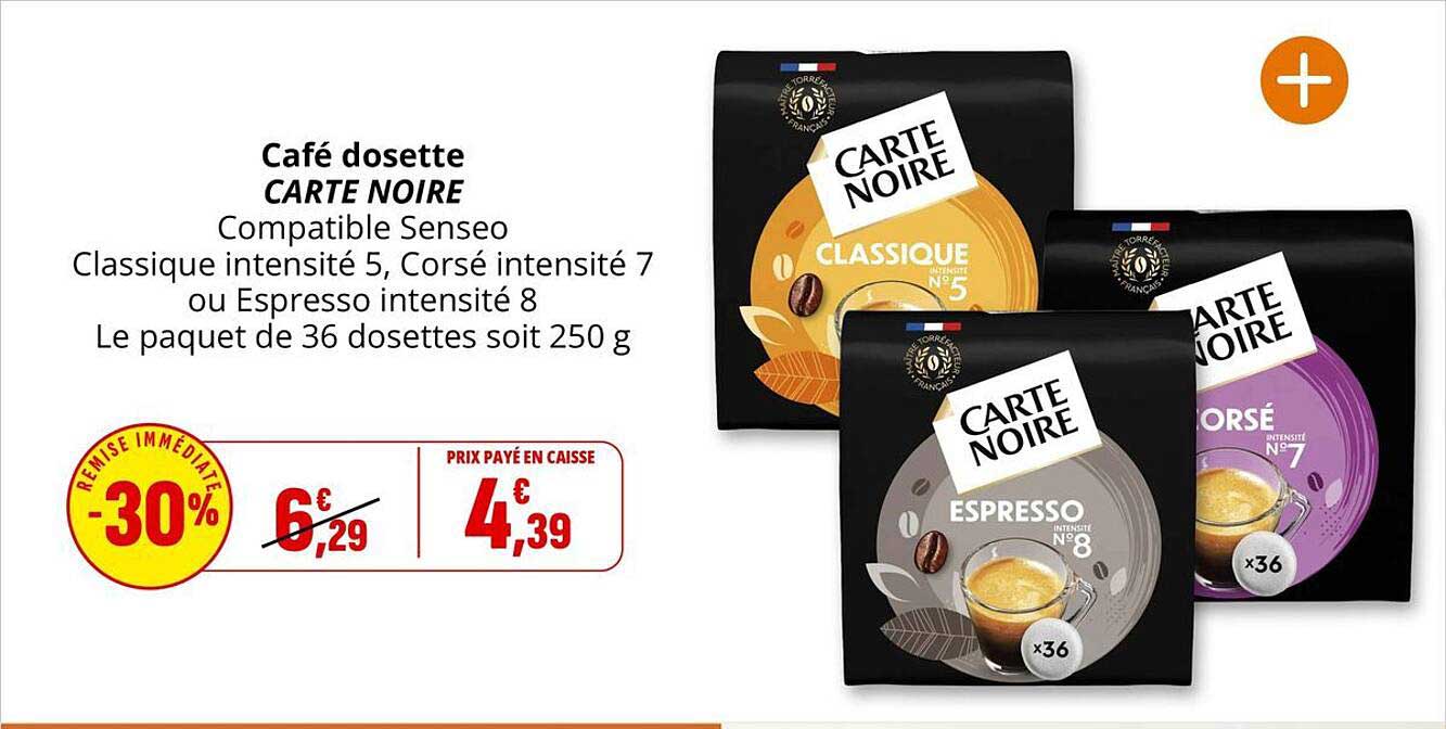 Café dosette CARTE NOIRE Compatible Senseo Classique intensité 5, Corsé intensité 7 ou Espresso intensité 8 Le paquet de 36 dosettes soit 250 g