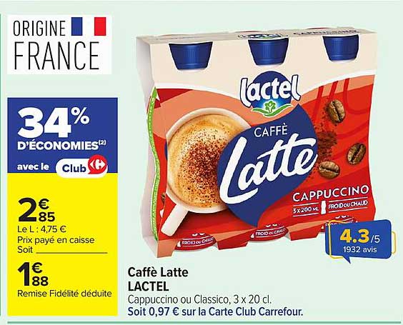 Caffè Latte LACTEL Cappuccino ou Classico, 3 x 20 cl.