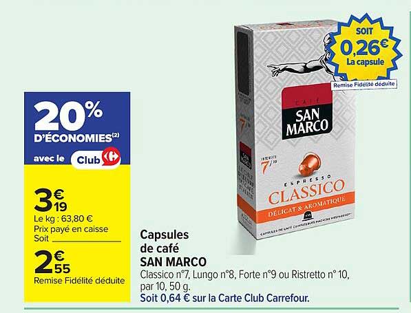 Capsules de café SAN MARCO Classico n°7, Lungo n°8, Forte n°9 ou Ristretto n°10, par 10, 50 g