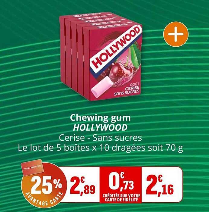 Chewing gum HOLLYWOOD Cerise - Sans sucres Le lot de 5 boîtes x 10 dragées soit 70 g