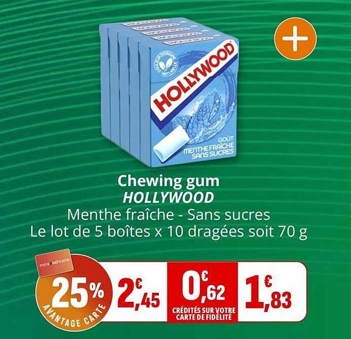 Chewing gum HOLLYWOOD Menthe fraîche - Sans sucres Le lot de 5 boîtes x 10 dragées soit 70 g