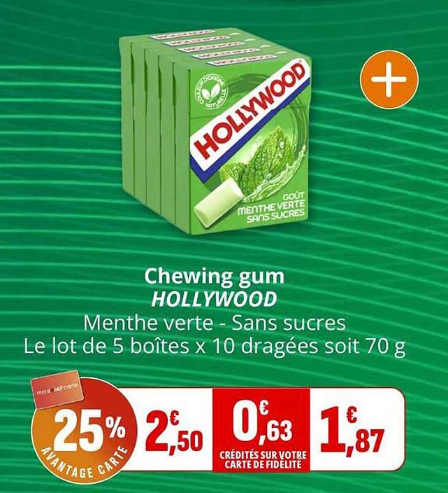 Chewing gum HOLLYWOOD Menthe verte - Sans sucres Le lot de 5 boîtes x 10 dragées soit 70 g