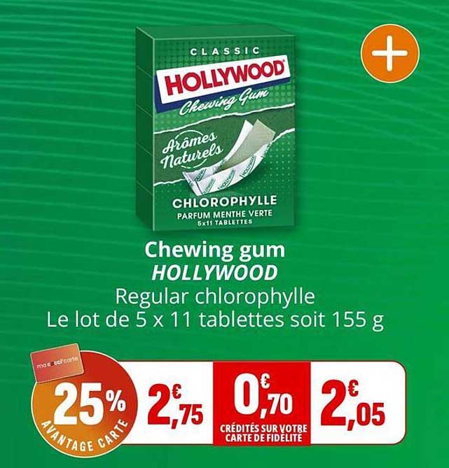 Chewing gum HOLLYWOOD Regular chlorophylle Le lot de 5 x 11 tablettes soit 155 g