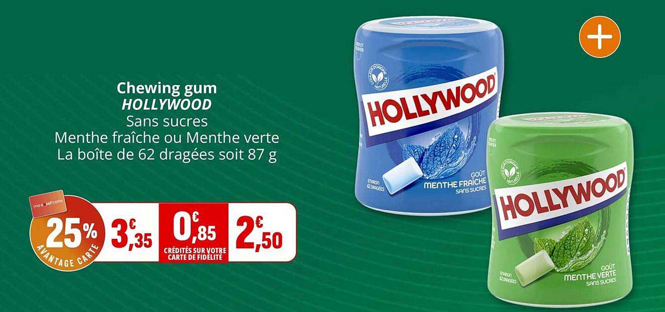 Chewing gum HOLLYWOOD Sans sucres Menthe fraîche ou Menthe verte La boîte de 62 dragées soit 87 g