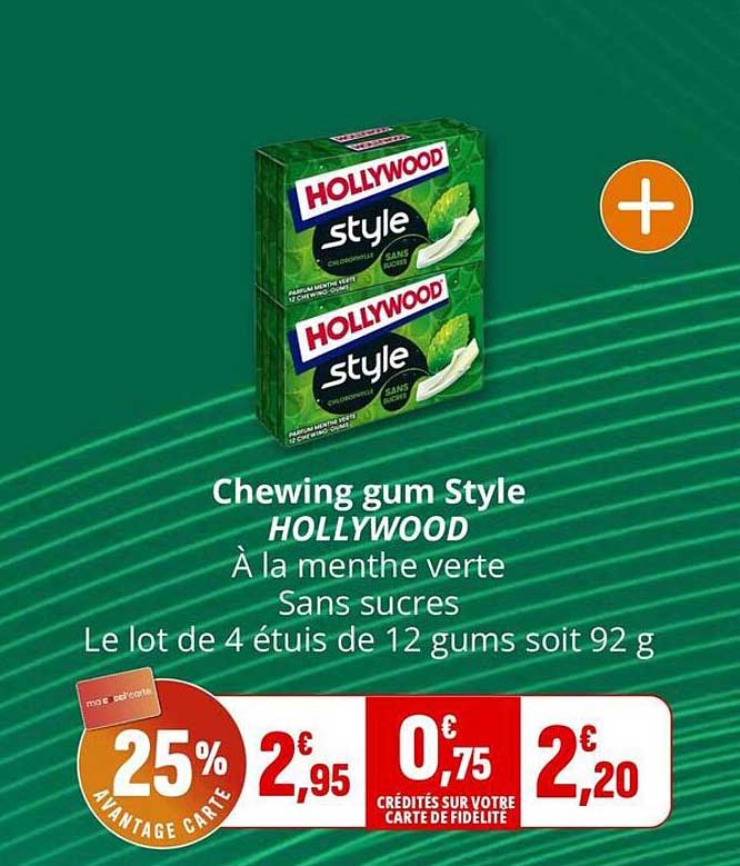 Chewing gum Style HOLLYWOOD À la menthe verte Sans sucres Le lot de 4 étuis de 12 gums soit 92 g