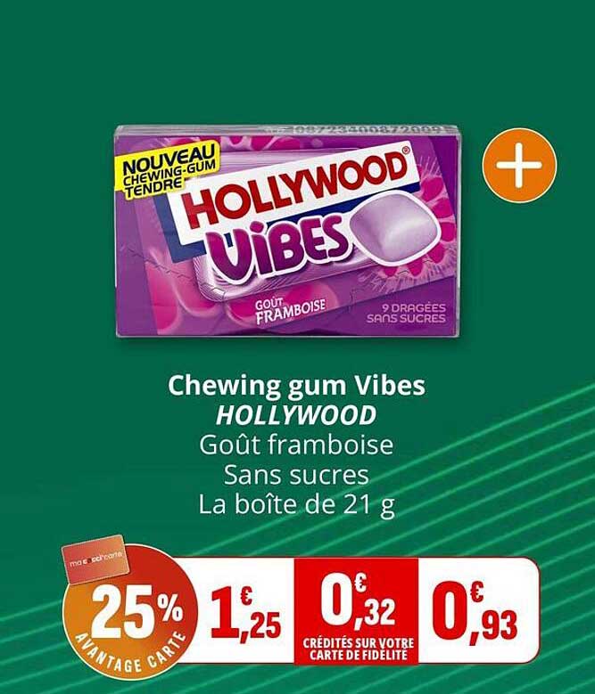 Chewing gum Vibes HOLLYWOOD Goût framboise Sans sucres La boîte de 21 g