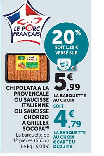 CHIPOLATA A LA PROVENCALE OU SAUCISSE ITALIENNE OU SAUCISSE CHORIZO A GRILLER SOCOPA (6)