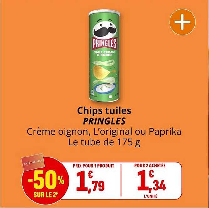 Chips tuiles PRINGLES Crème oignon, L’original ou Paprika Le tube de 175 g