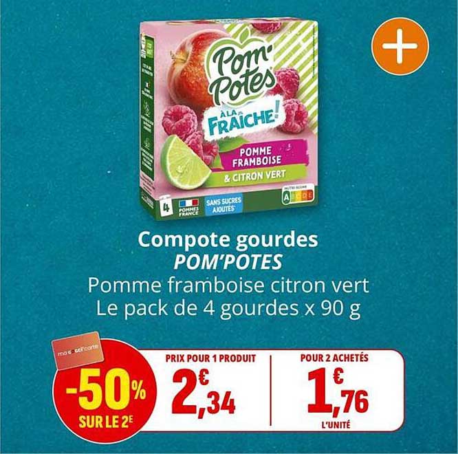 Compote gourdes POM’POTES Pomme framboise citron vert Le pack de 4 gourdes x 90 g