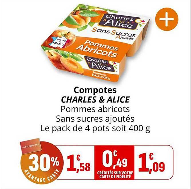 Compotes CHARLES & ALICE Pommes abricots Sans sucres ajoutés Le pack de 4 pots soit 400 g