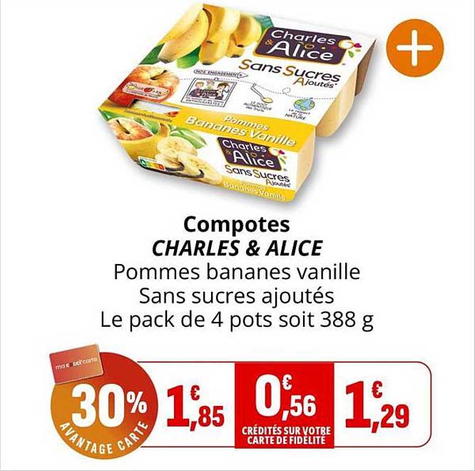 Compotes CHARLES & ALICE Pommes bananes vanille Sans sucres ajoutés Le pack de 4 pots soit 388 g