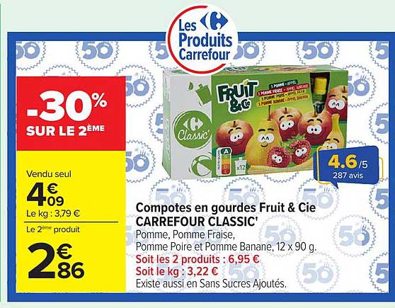 Compotes en gourdes Fruit & Cie CARREFOUR CLASSIC'