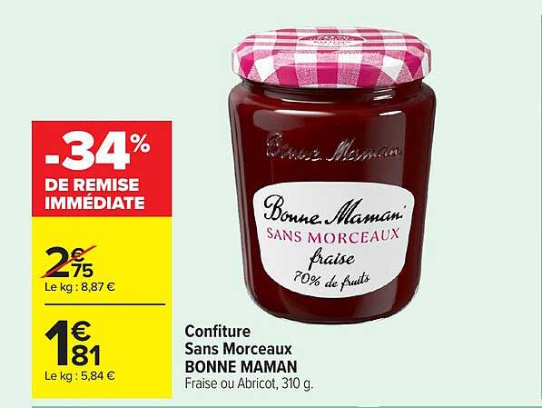 Confiture Sans Morceaux BONNE MAMAN Fraise ou Abricot, 310 g.