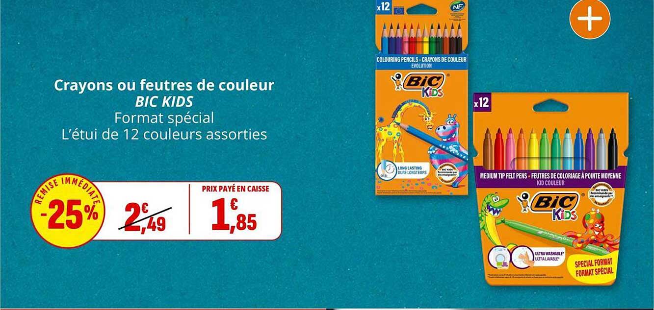 Crayons ou feutres de couleur BIC KIDS Format spécial L’étui de 12 couleurs assorties