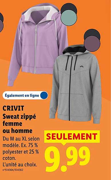 CRIVIT Sweat zippé femme ou homme