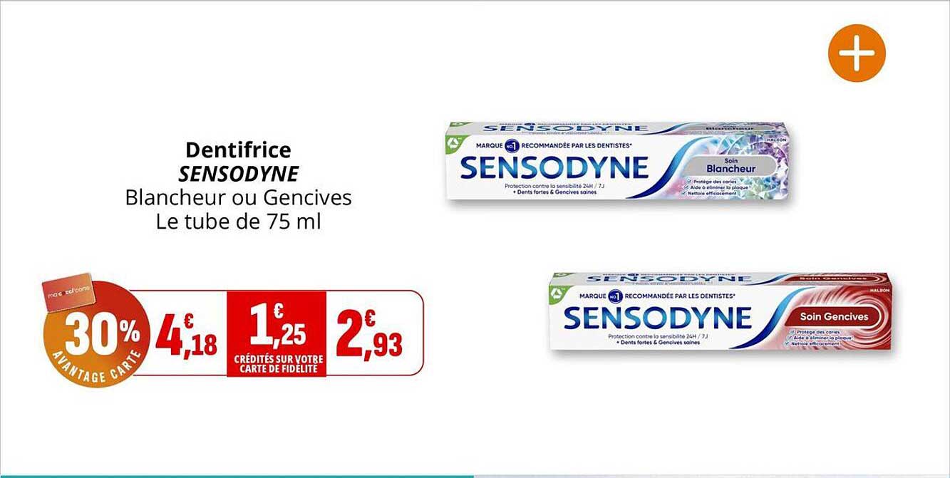 Dentifrice SENSODYNE Blancheur ou Gencives Le tube de 75 ml